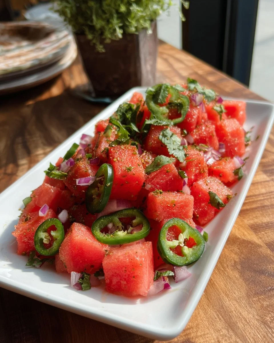 Spicy watermelon salad with chili flakes and lime for a refreshing summer dish