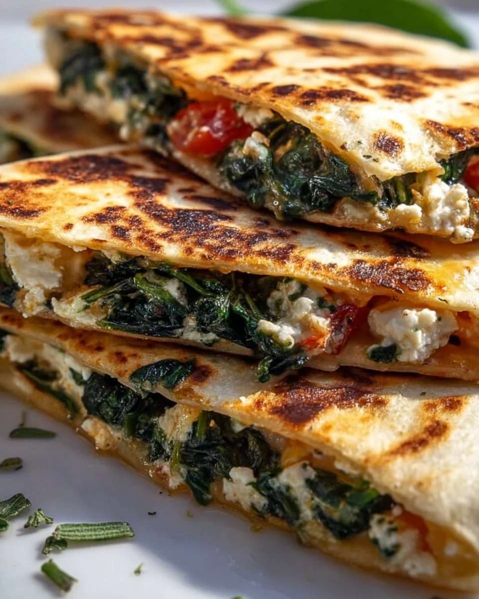 Savory spinach and feta quesadillas on a plate