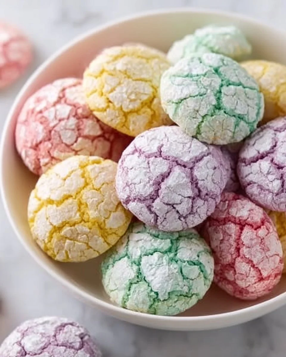 Springtime Crinkle Cookies with powdered sugar topping on a plate