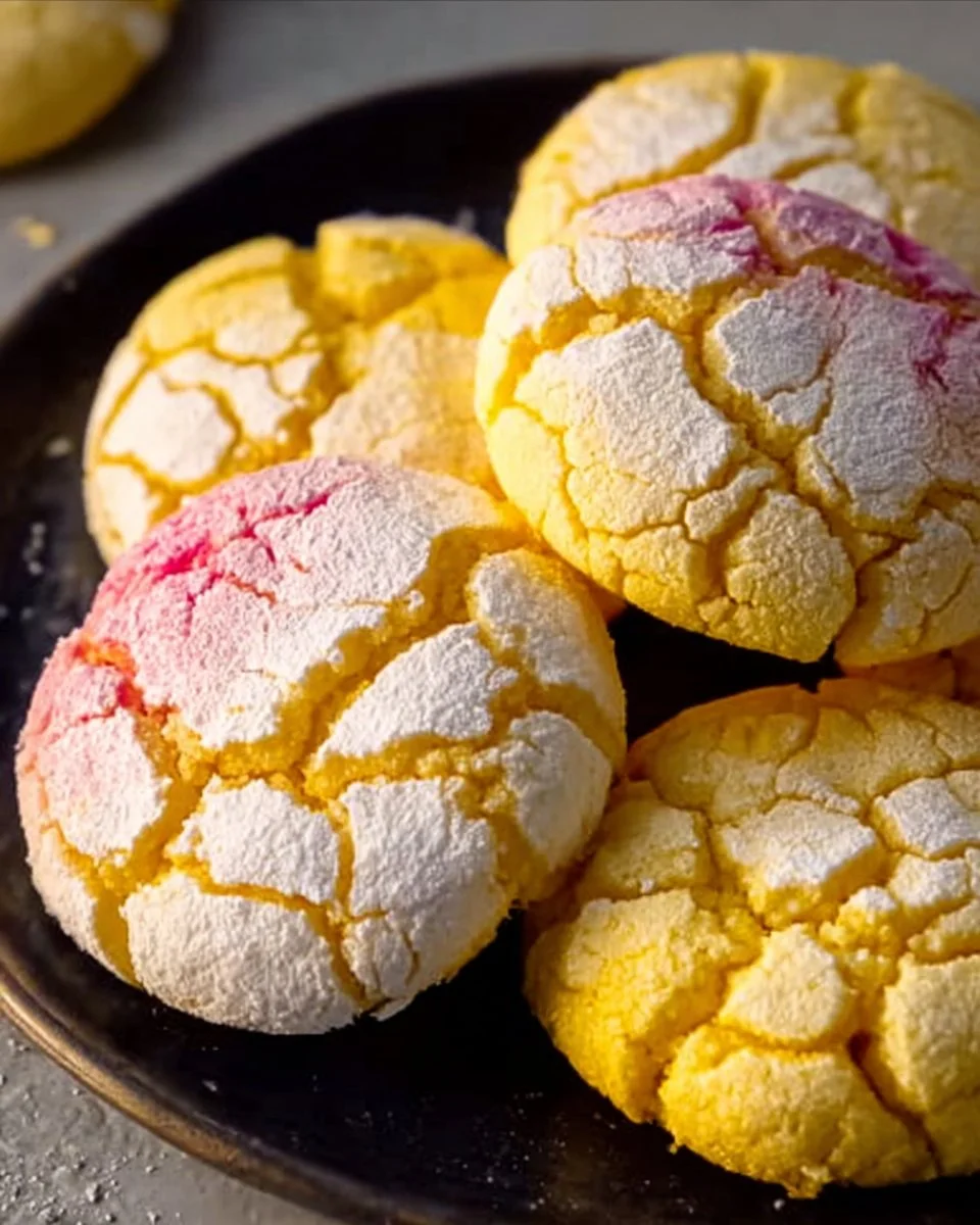 Springtime crinkle cookies fresh from the oven with powdered sugar topping