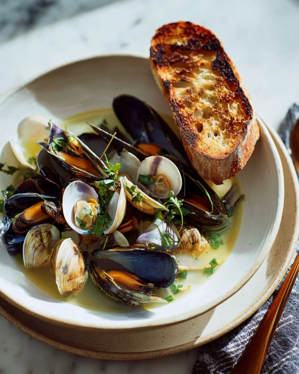 Steamed mussels and clams served in a white wine sauce with garlic and herbs