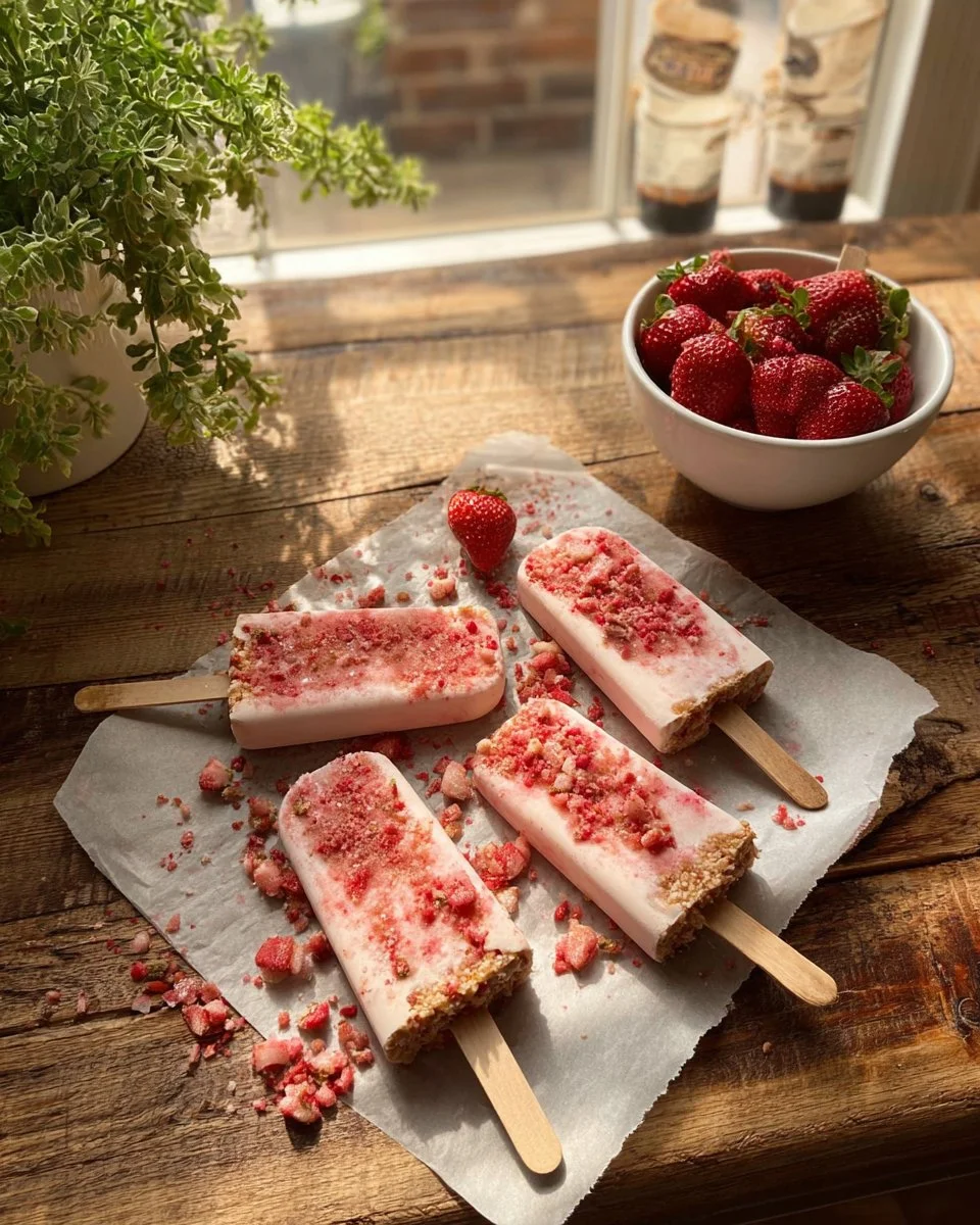 Strawberry shortcake ice cream bars with fresh strawberries and whipped cream