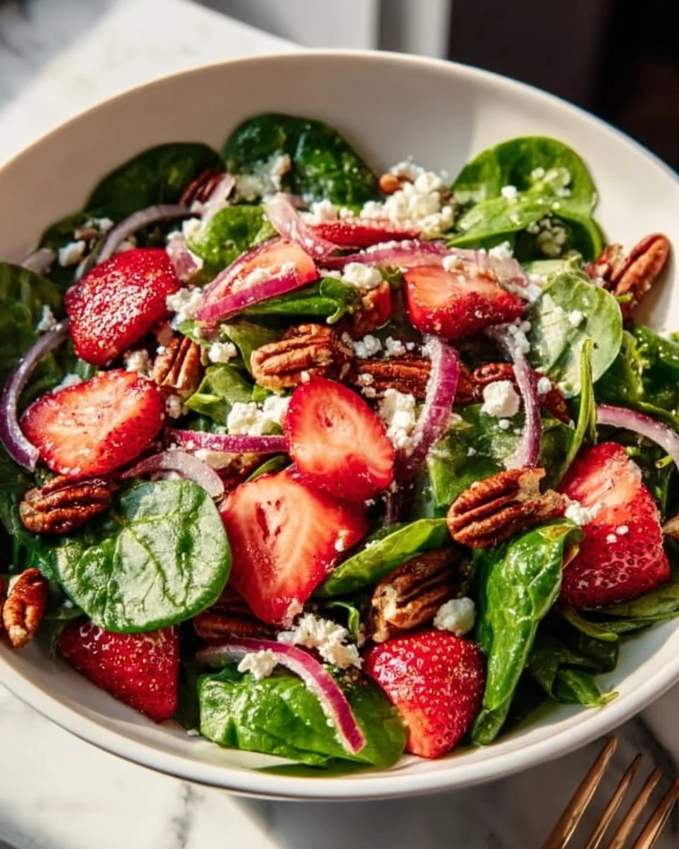 A vibrant Strawberry Spinach Salad with fresh strawberries, spinach, and nuts.