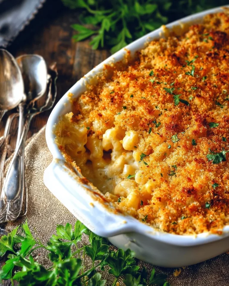 Delicious homemade baked mac and cheese topped with golden breadcrumbs