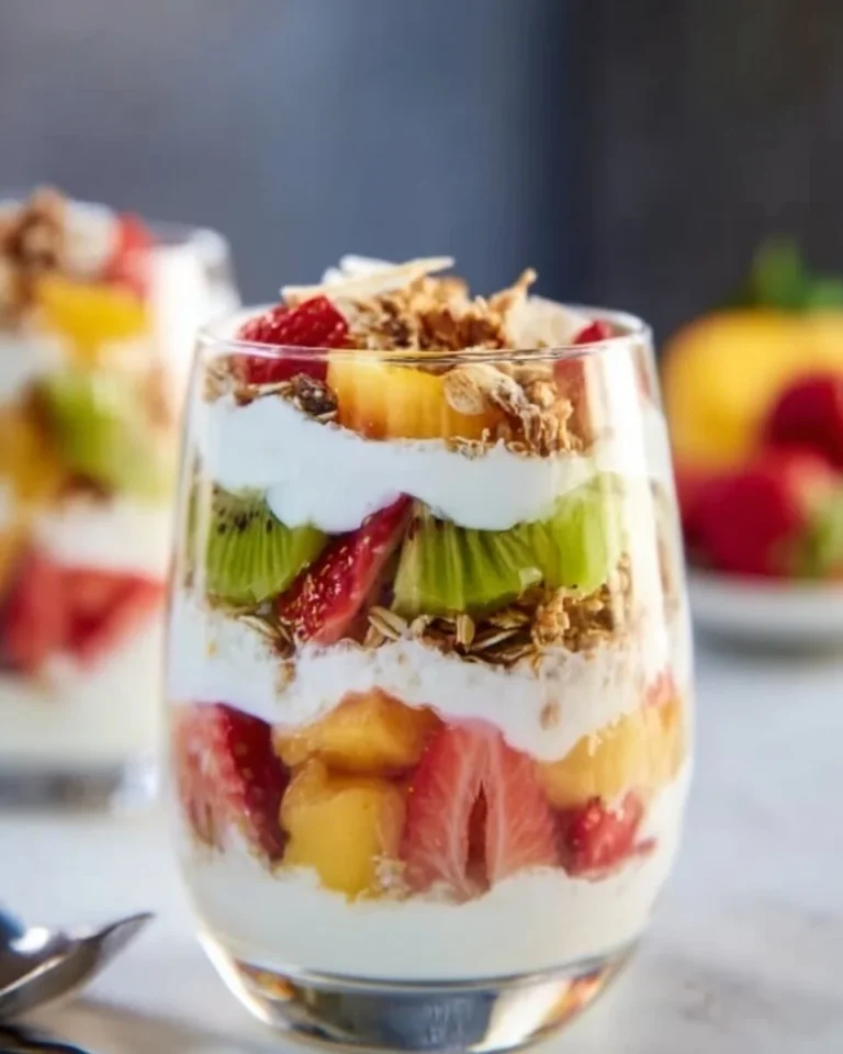 Tropical granola parfait with fresh fruits and granola layers.