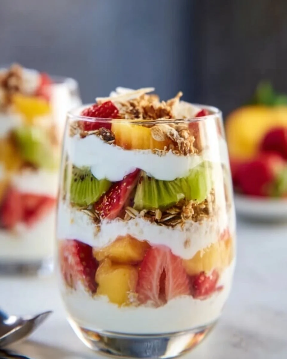 Tropical granola parfait with fresh fruits and granola layers.
