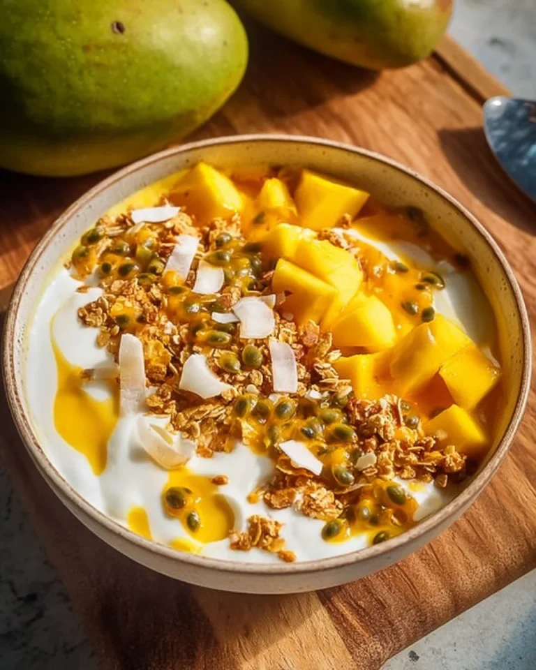 Tropical Yoghurt Bowl topped with fresh fruits and granola for a healthy snack