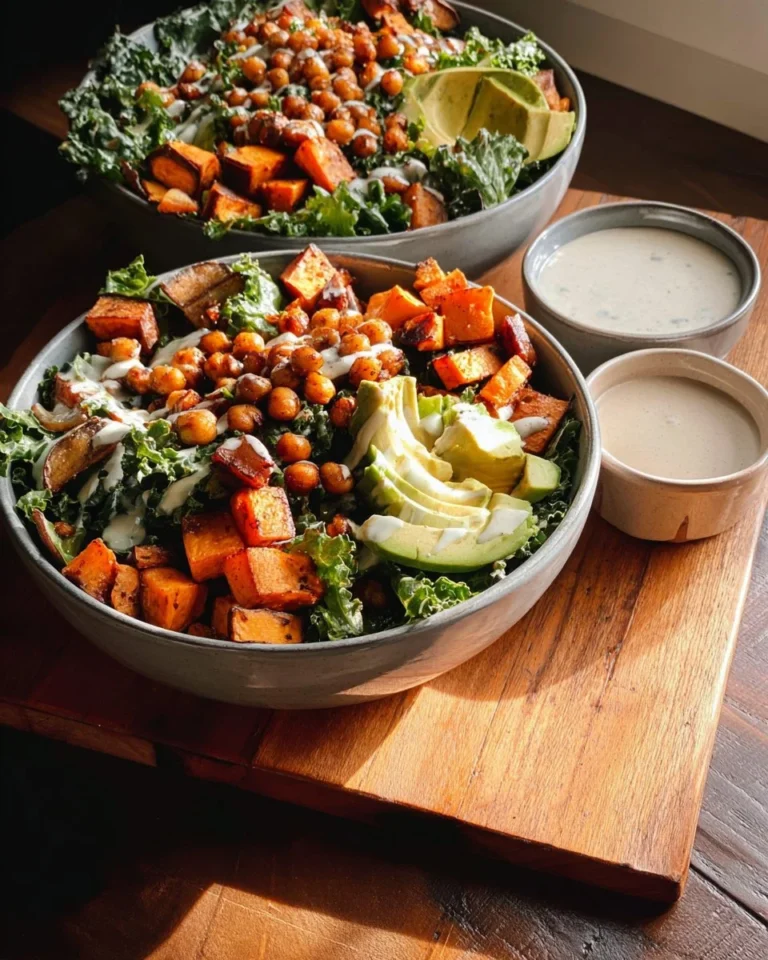 Bowl of fresh Vegan Caesar Salad topped with croutons and nutritional yeast.