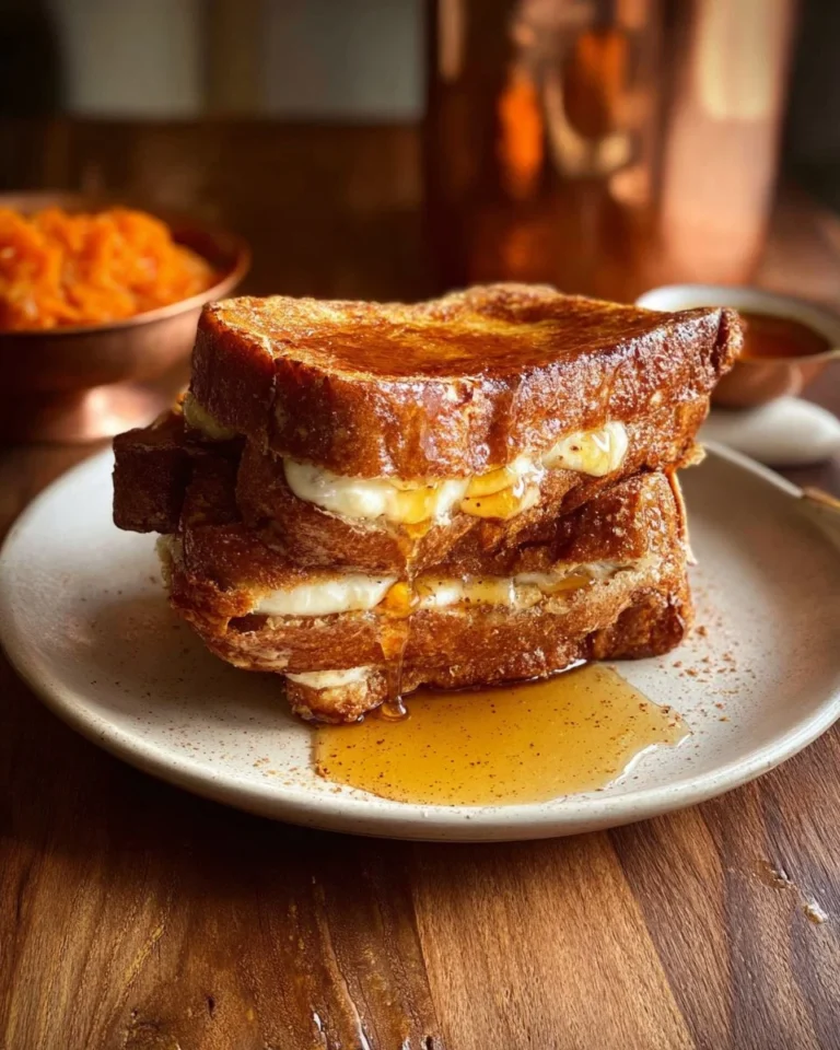Vegan pumpkin stuffed French toast served on a plate with syrup and fruit.