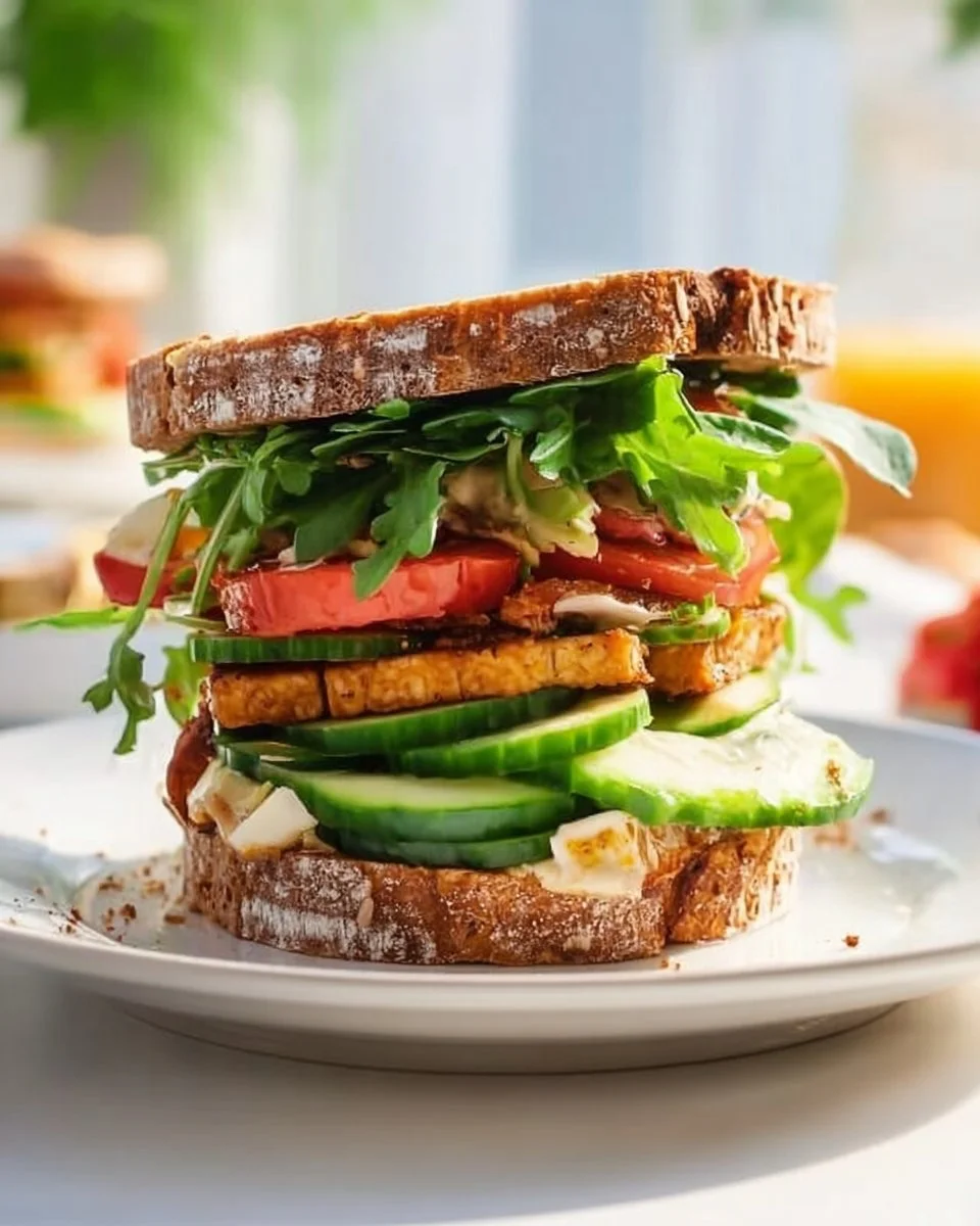 Delicious vegetarian club sandwich with layers of fresh vegetables and bread