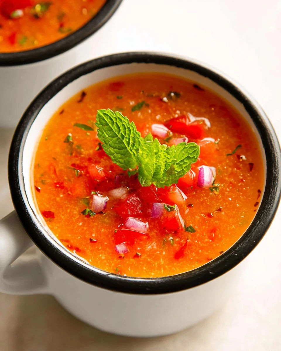 Bowl of vibrant watermelon gazpacho garnished with mint and served chilled