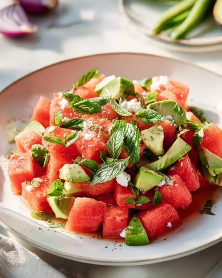 Delicious watermelon salad with feta cheese and fresh mint leaves