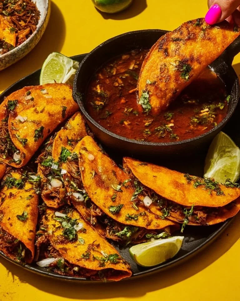 Delicious Birria Tacos served with vibrant toppings and flavorful broth.