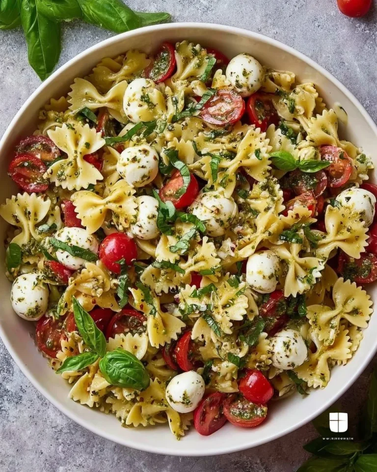 Colorful bow tie pasta salad with fresh vegetables and dressing