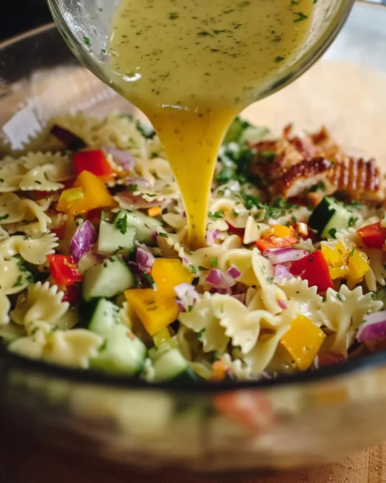 Fresh and colorful Chicken Pasta Salad with vegetables and dressing