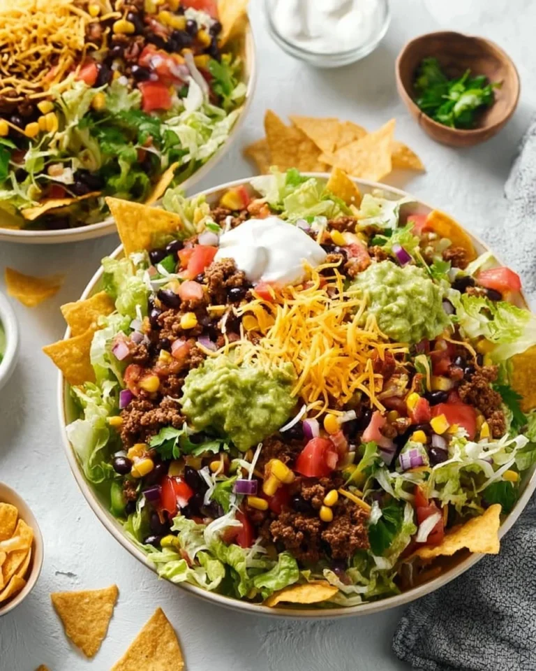A delicious easy taco salad with lettuce, tomatoes, cheese, and seasoned beef.