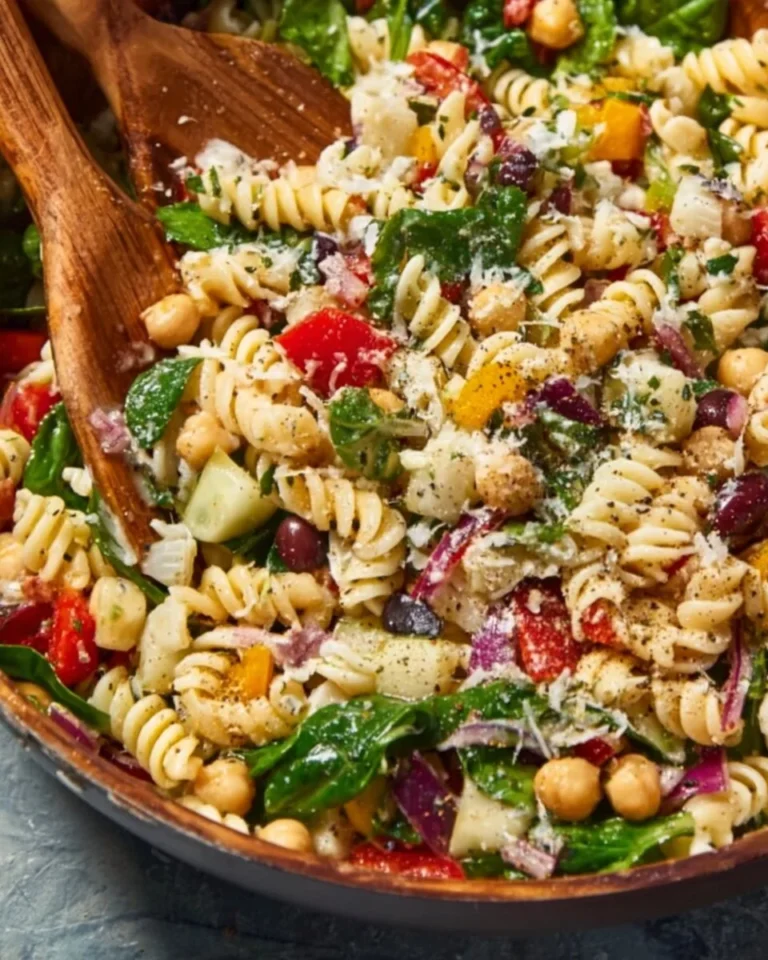 Colorful Italian pasta salad with vegetables and dressing in a bowl