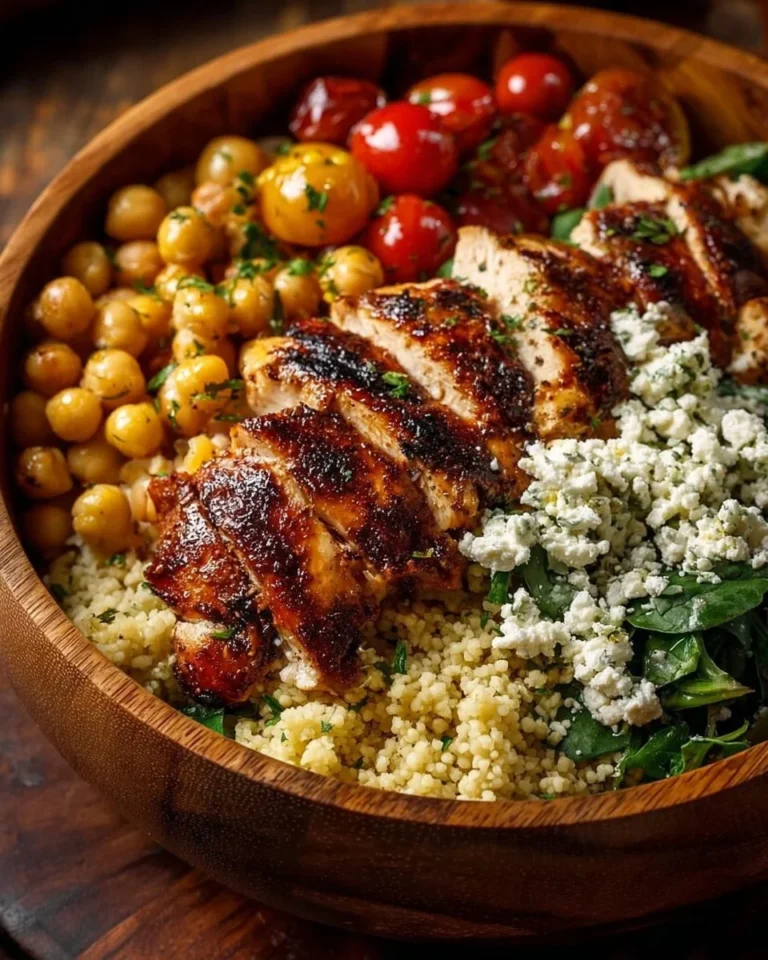 Lemon-Herb Chicken Bowl with Chickpeas and Feta topped with fresh herbs