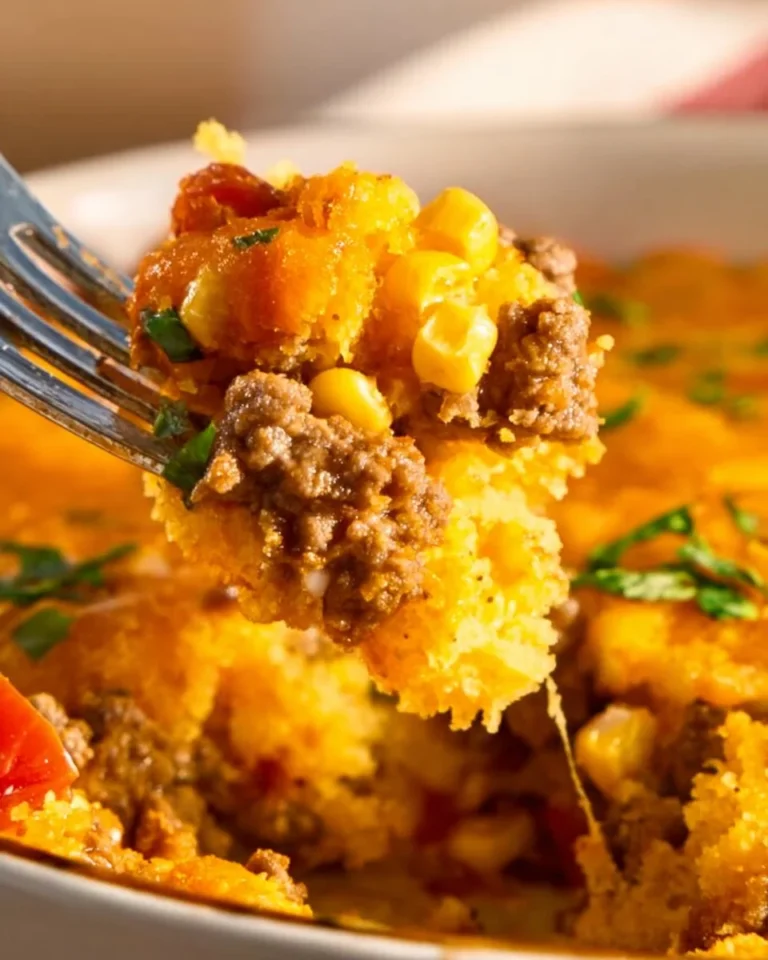 Delicious Mexican cornbread casserole served in a dish, garnished with toppings.