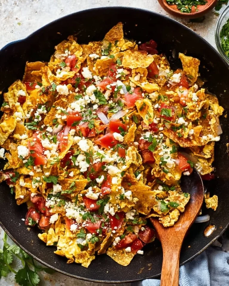 A colorful plate of migas with bread, eggs, and fresh toppings.