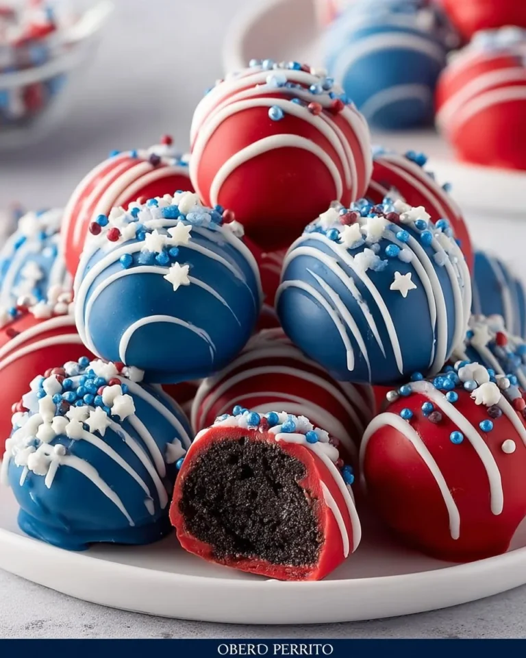 Patriotic Oreo Balls decorated in red, white, and blue for festive celebrations