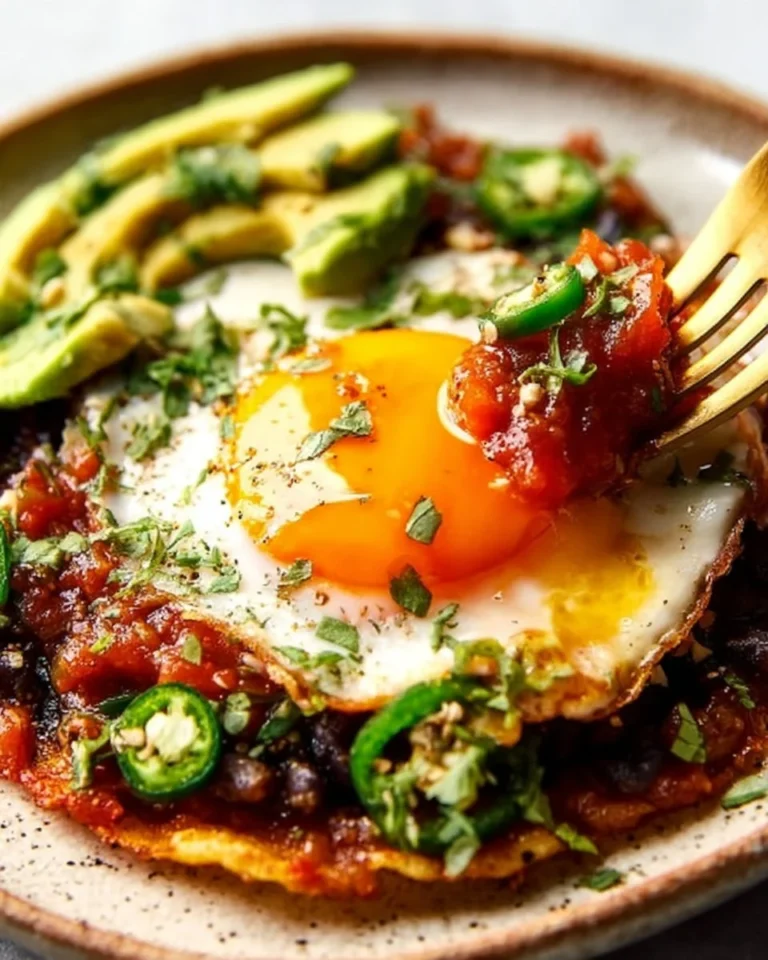 Plate of Ranch-style Eggs topped with fresh herbs and served with toast.
