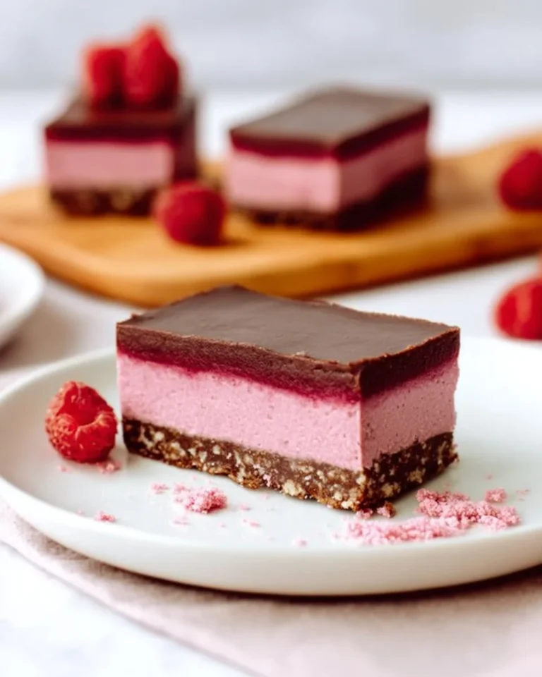 Raw raspberry chocolate slice garnished with fresh raspberries on a plate.