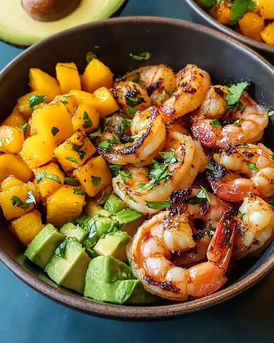 Shrimp and Avocado Bowls with Mango Salsa and Lime Chili Sauce