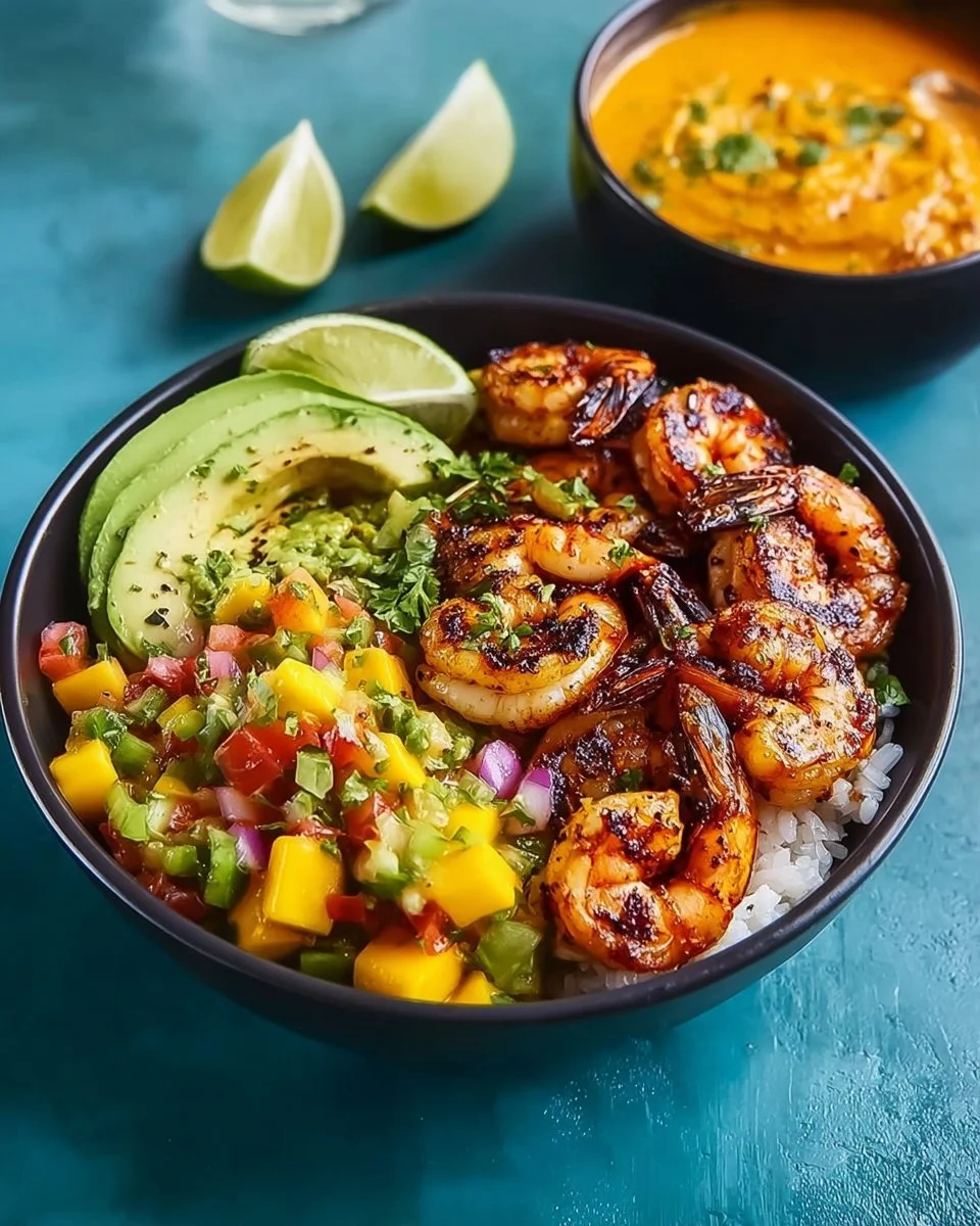 Shrimp and Avocado Bowls with Mango Salsa and Lime Chili Sauce