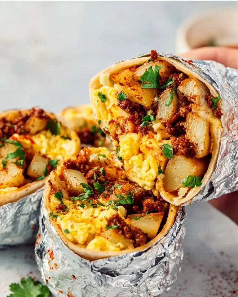 Spicy chorizo breakfast burrito filled with eggs and cheese