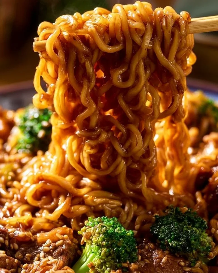 Beef ramen stir fry with broccoli in a bowl, a quick and easy dinner recipe.