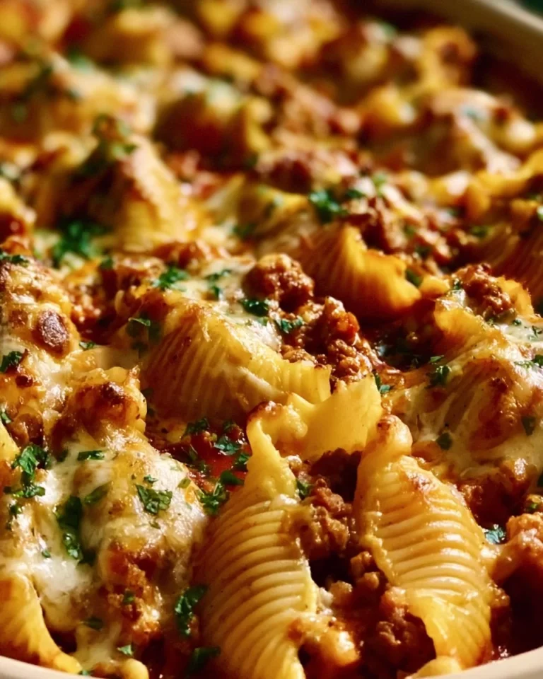 Delicious beef stuffed shells baked in marinara sauce, topped with cheese