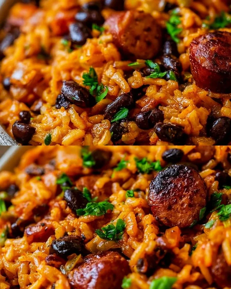 Delicious black beans and rice with sausage served on a plate