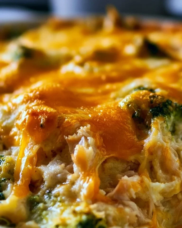 Cheesy broccoli chicken casserole served in a baking dish, topped with melted cheese.