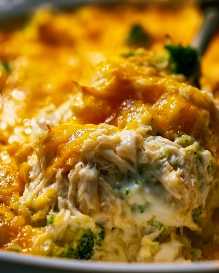 Cheesy broccoli chicken casserole with rice and melted cheese on top.