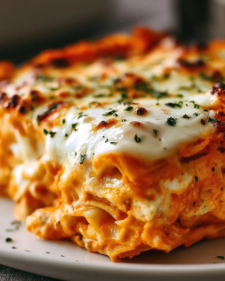 Delicious Cheesy Buffalo Ranch Chicken Lasagna in a baking dish