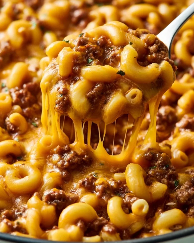 Delicious Cheesy Hamburger Helper in a bowl with cheese, beef, and pasta
