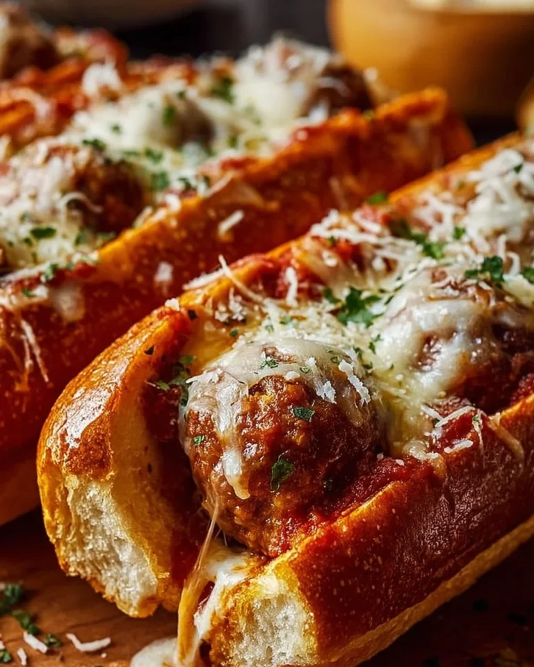 Delicious cheesy meatball subs loaded with cheese and marinara sauce
