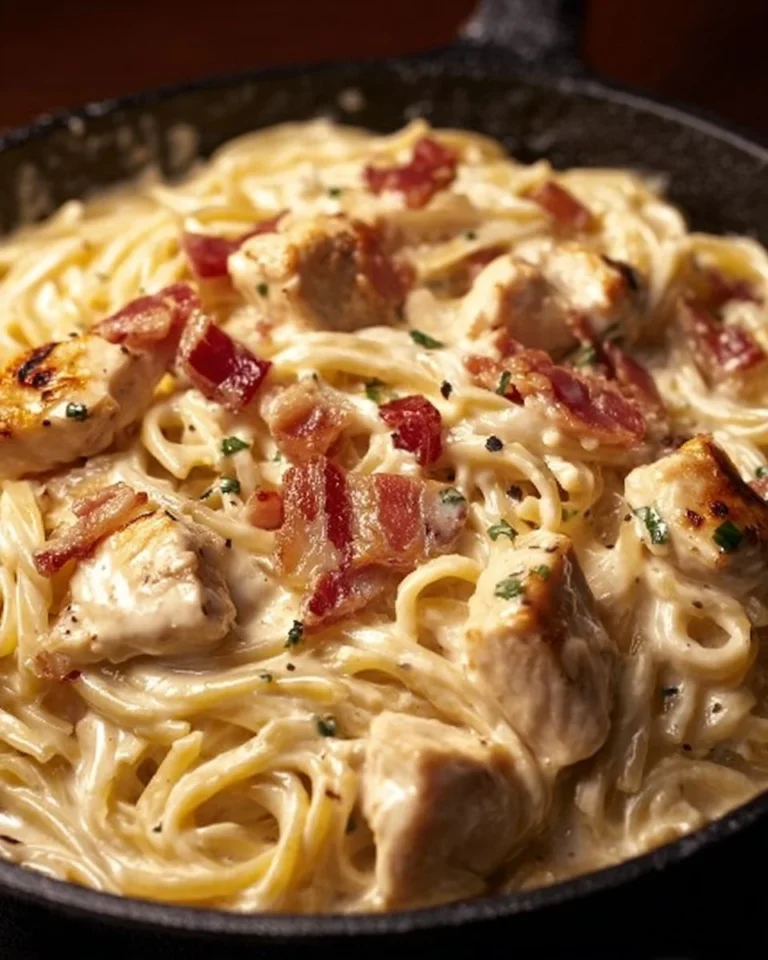 Creamy Chicken Bacon Ranch Pasta dish with herbs and cheese