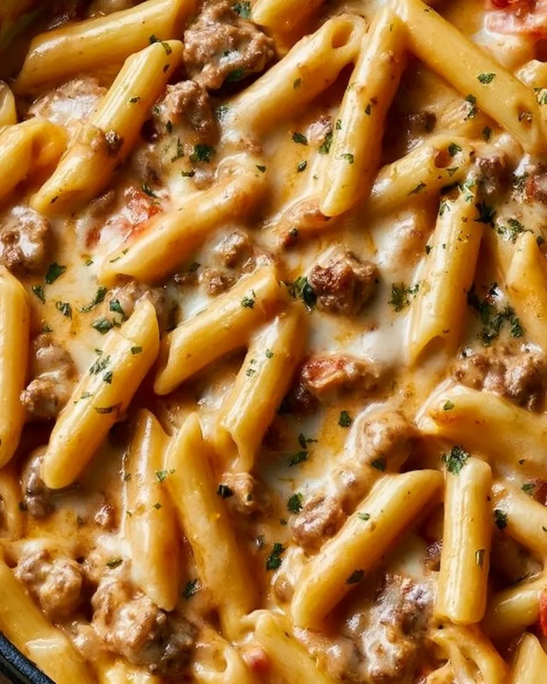 Creamy beef pasta dish served in a bowl with herbs and seasoning