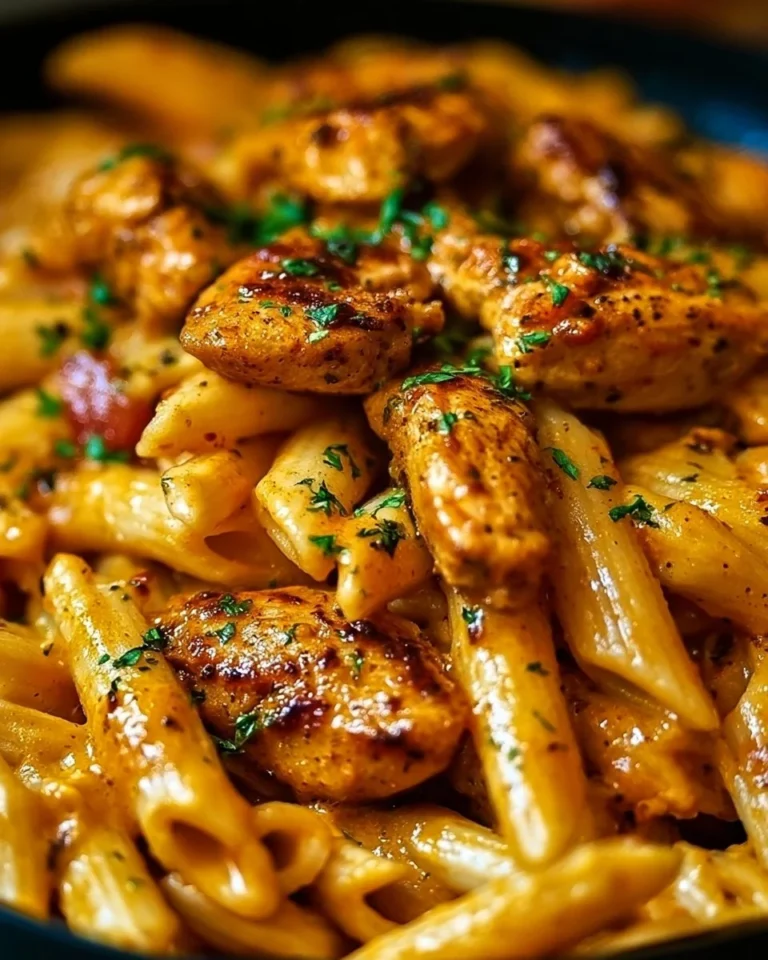 Bowl of creamy Cajun chicken pasta topped with herbs and spices.
