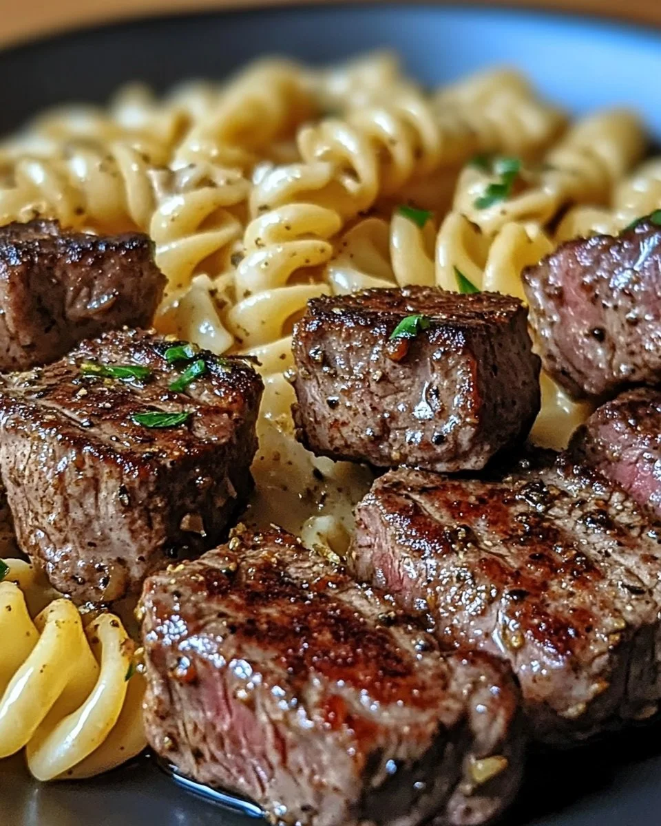 Creamy Garlic Butter Steak Bites with Spicy Cajun Alfredo Twisted Pasta
