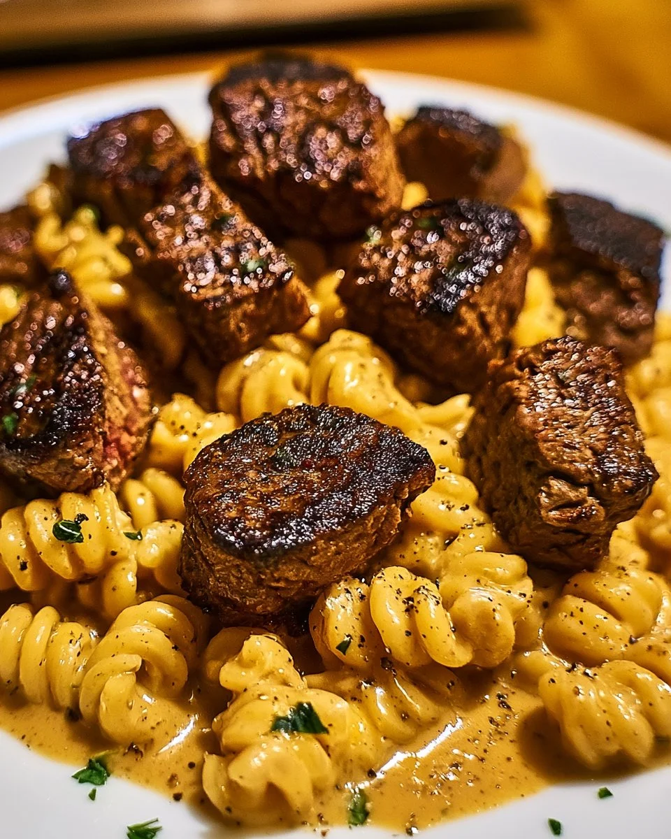 Creamy Garlic Butter Steak Bites with Spicy Cajun Alfredo Twisted Pasta