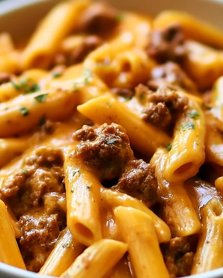 Creamy slow cooker beef pasta dish served with herbs and parmesan cheese