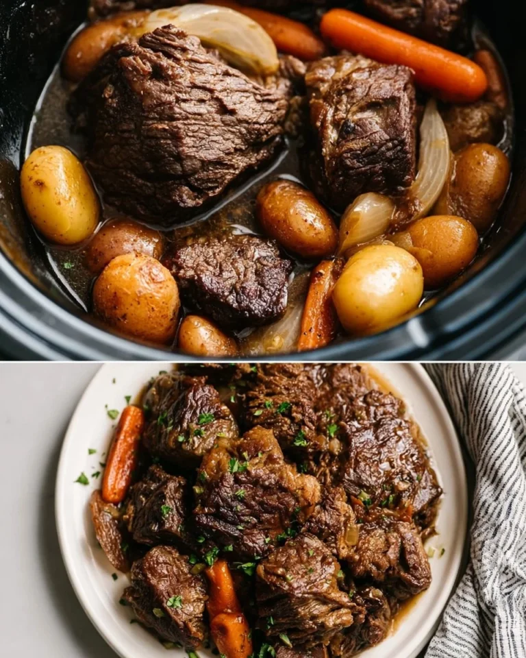 Delicious Crock Pot chuck roast cooking in a slow cooker with vegetables.