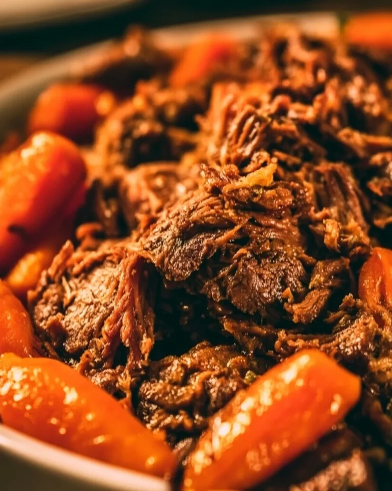 Crockpot chuck roast with vegetables served on a plate, ready to eat.