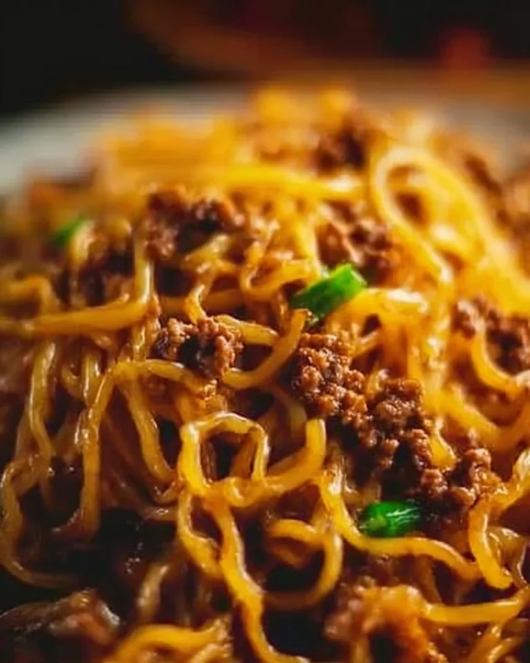 Delicious plate of Mongolian beef noodles topped with green onions