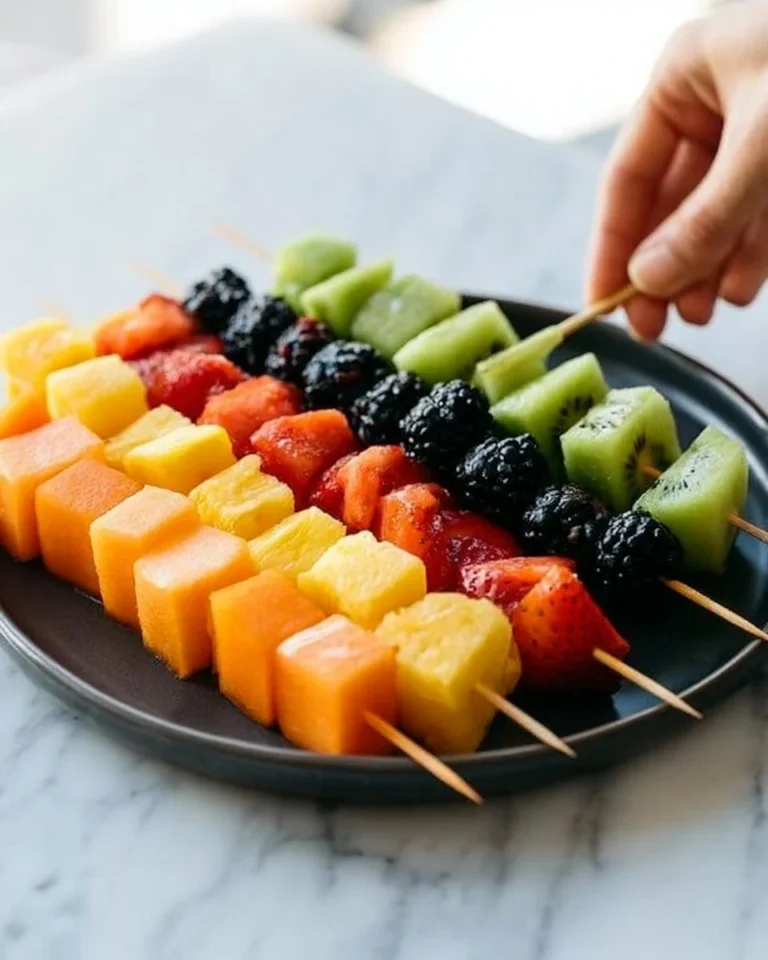 Colorful fresh rainbow fruit kabobs arranged on a plate