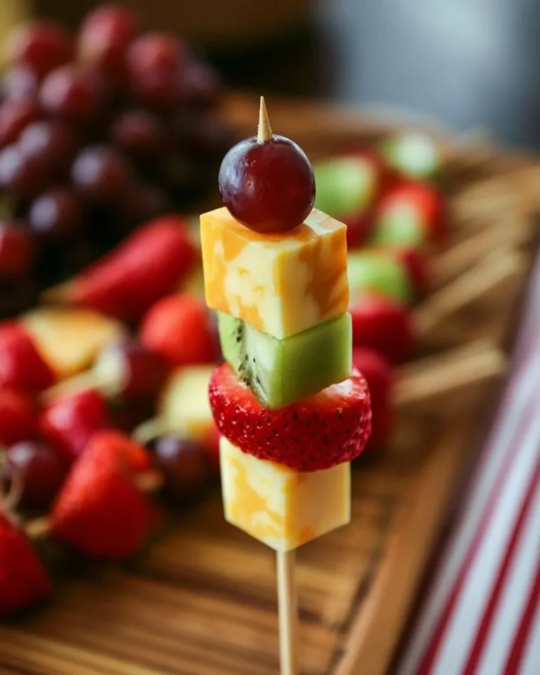 Colorful fruit cheese kabobs skewers ready to serve as a healthy snack