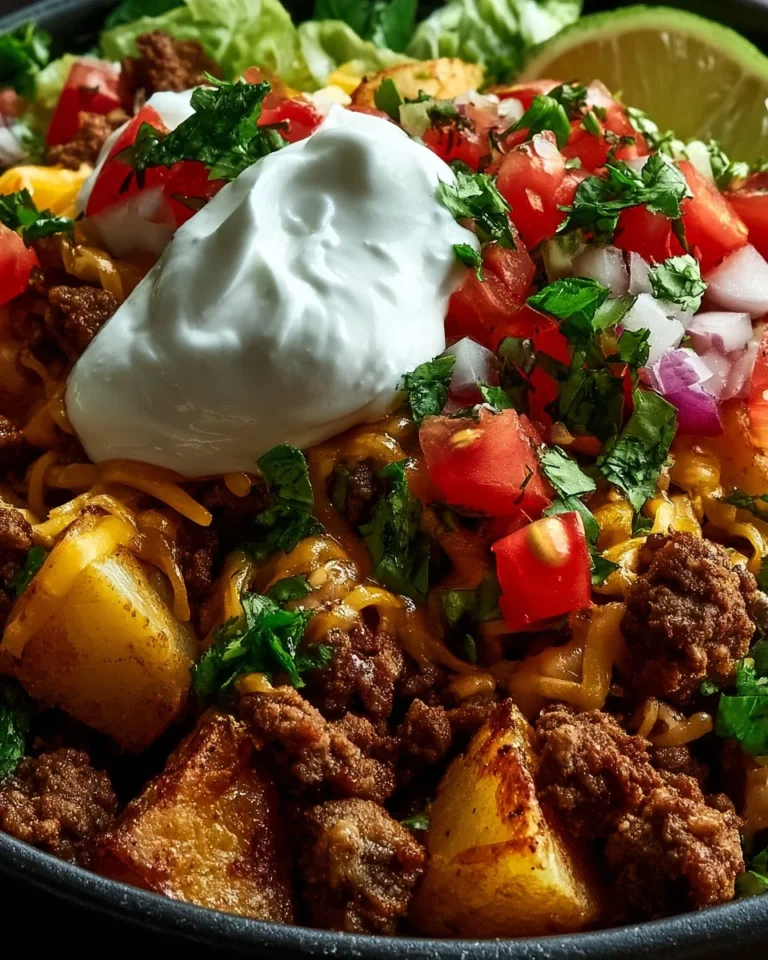 Ground Beef and Potato Taco Bowl topped with fresh ingredients